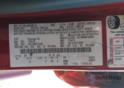 2015 Ford Fiesta Se z USA, uszkodzony, nr VIN 3FADP4BJ6FM150703